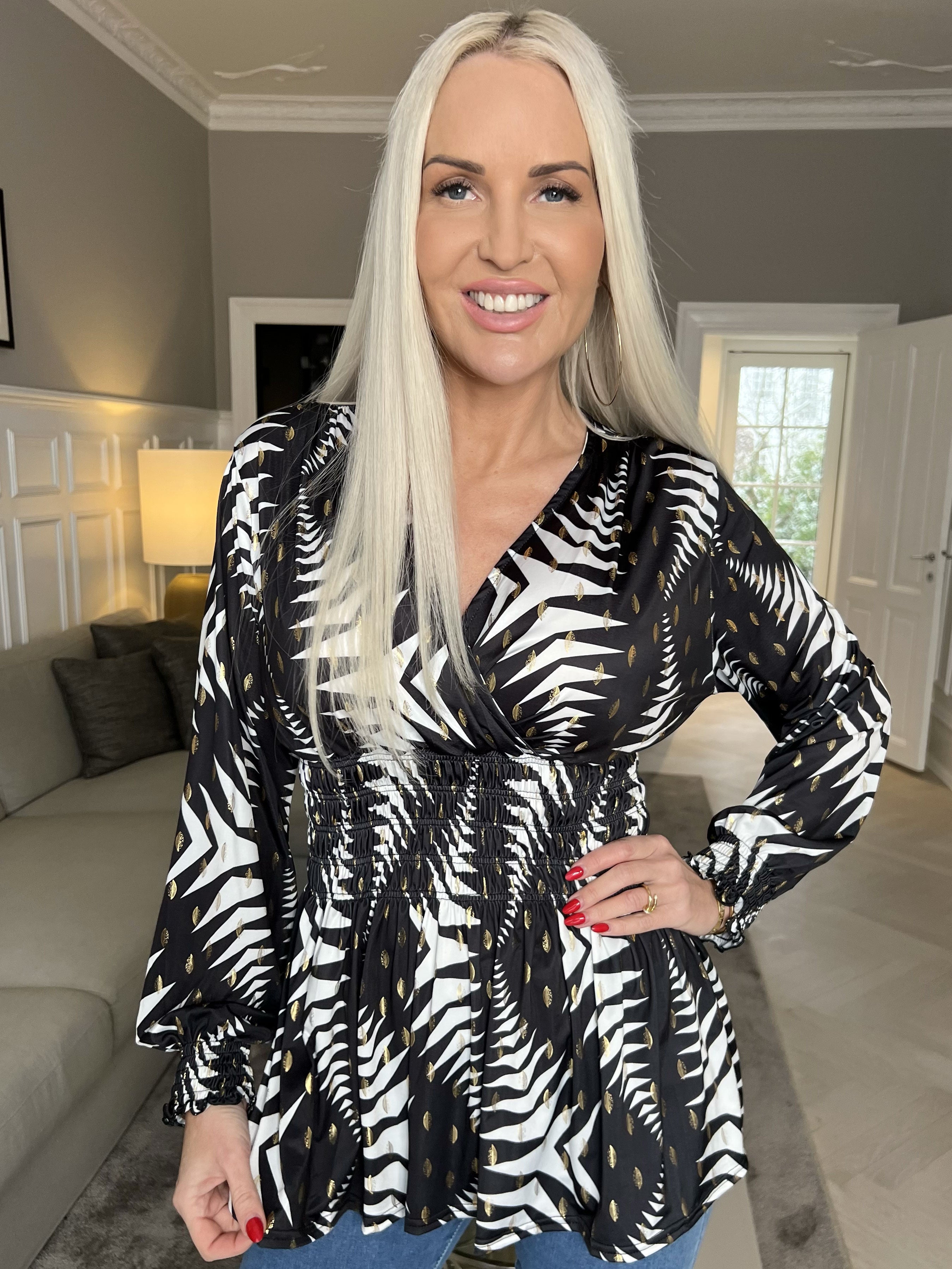 Pams Pattern Shirt L/S - Elastisk blus i skrynkelfritt tyg med långa ärmar